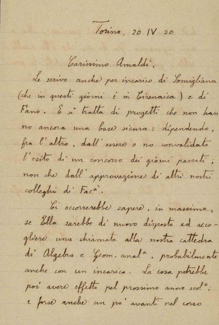Corrado Segre a Ugo Amaldi, 20/04/1920, Torino, pagina 1